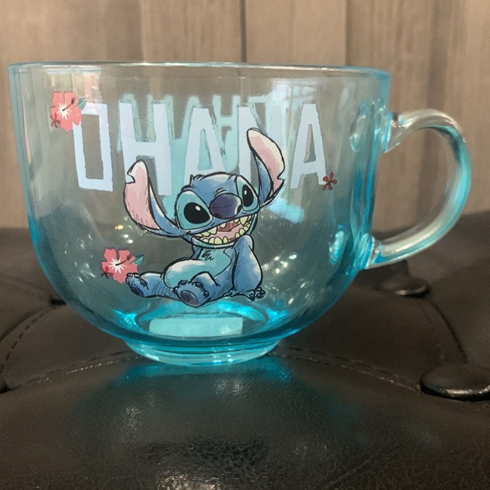 New Disney's Stitch Ohana Blue Clear Glass Tea Cup Coffee Mug Lilo & Stitch - Picture 4 of 8